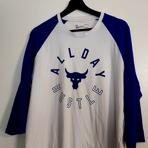 Project Rock Under Armour 3/4 sleeve, Large, white with blue sleeves.